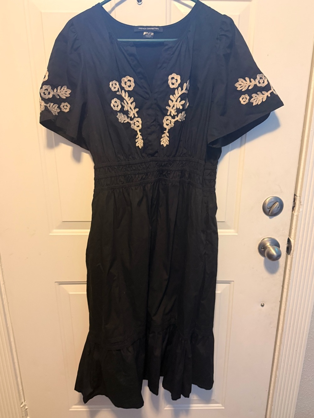 French Connection Black Midi with Cream Floral Stitching and Pockets